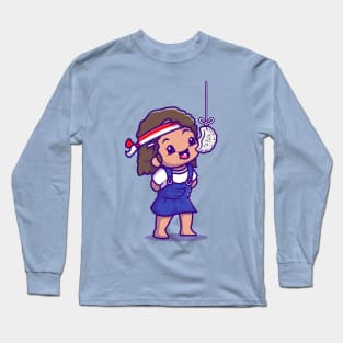 Cute Girl Eating Kerupuk In Indonesian Independence Day Cartoon Long Sleeve T-Shirt